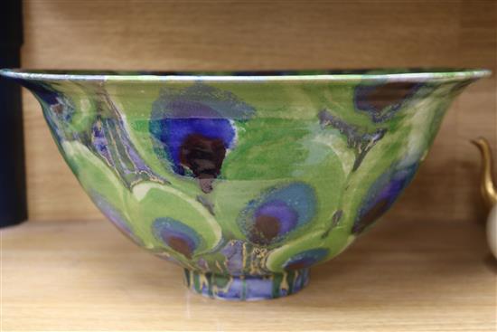 A Dartington Pottery Peacock design large bowl by Janice Tchalenko, Dia 42cm